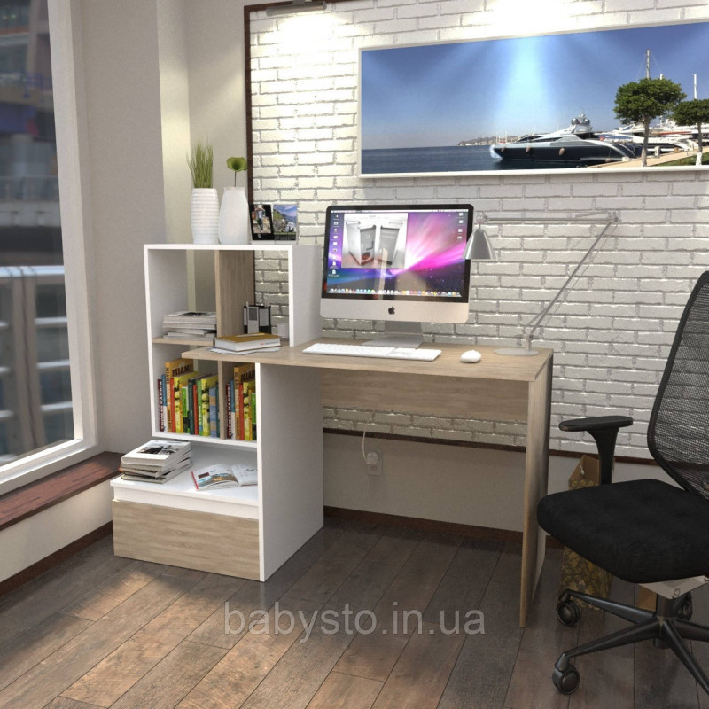 Стіл комп'ютерний Forte Erland 1450*1116*516 Білий-Дуб сонома